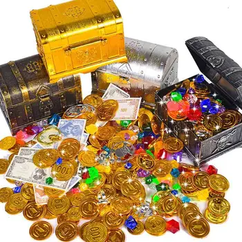 

Treasure Hunting Box Children Treasure Box Retro Plastic Large Box Toy Gold Coins and Pirate Jewelry Playset Pack