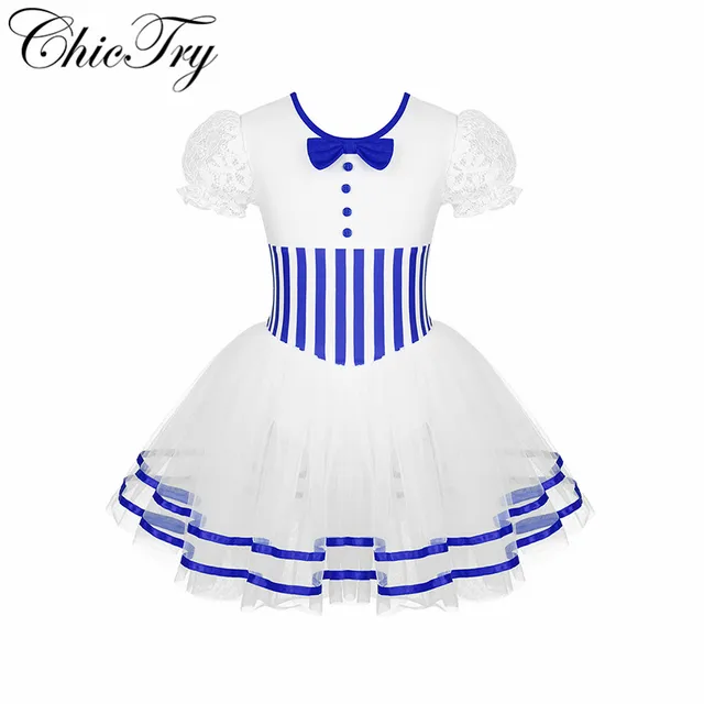 US $10.17 Girls Christmas Dance Costume Short Lace Puff Sleeves Striped Printed Waist Figure Ice Skating Roll