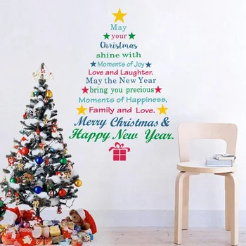 

Colorful Merry Christmas Window Wall Stickers Posters Decals Waterproof Blessing Happy New Year Christmas Tree Stars Home Decor
