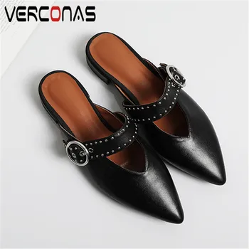 

VERCONAS 2020 Office Lady Women Sandals Genuine Leather Woman Pumps Metal Decoration Pointed Toe Square Heeled Shoes Woman