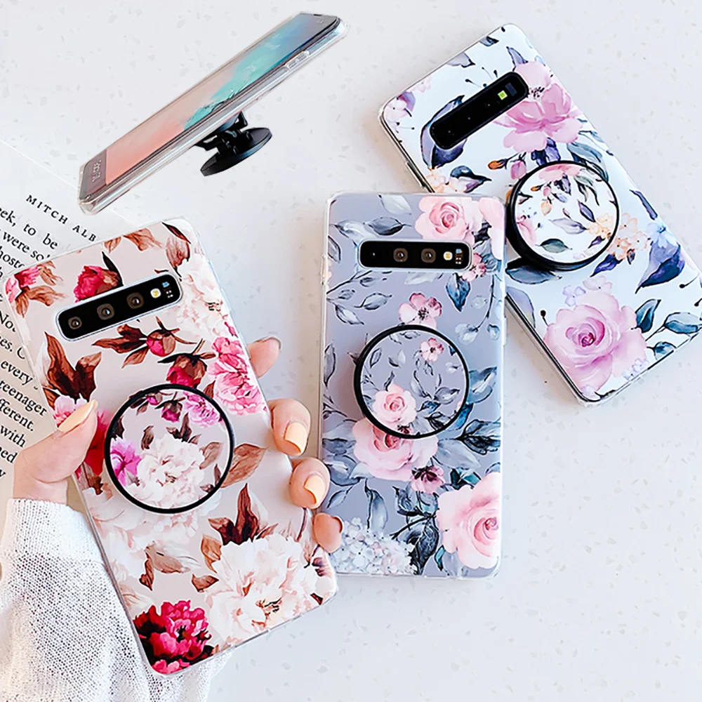

Fashion INS Flowers Case for Samsung Galaxy S10 S10e S9 S8 Plus Back Cover IMD Holder Stand Coque for Samsung A50 A40 A70 Case