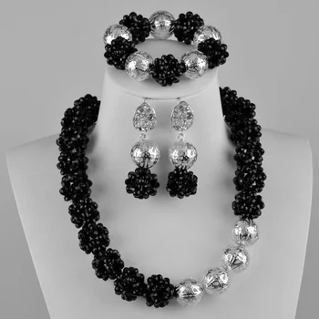 

Black and Silver Crystal Ball Beaded African Beads Jewelry Set Nigerian Necklace