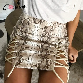 

Conmoto lace up sexy mini bodycon women skirts high waist club snake print skirt female wild plus size high fashion pencil skirt