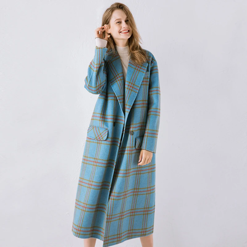 YOYOCATHY, синее клетчатое шерстяное пальто для женщин, зима, свободные винтажные длинные пальто, женское элегантное пальто, куртка
