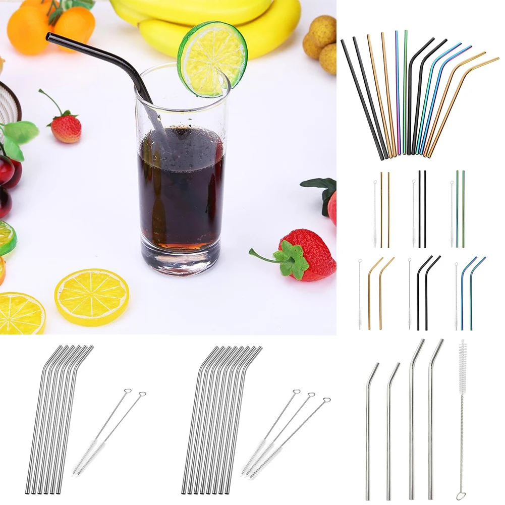 

1/4/6/8pcs Eco Friendly Metal Straw Reusable Drinking Stainless Steel Straw with Cleaning Brush for Mugs Bar Accessories