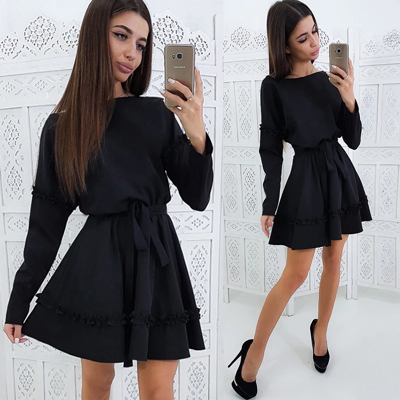 Navy Blue Однотонное женское платье с оборками, осеннее платье с длинными рукавами, с круглым вырезом, ТРАПЕЦИЕВИДНОЕ ПЛАТЬЕ, мини платья для вечеринок - Цвет: Navy Blue