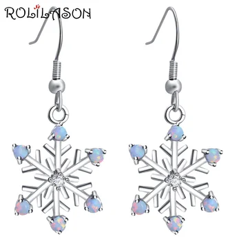 

ROLILASON Fashion Jewelry Drop Earring Silver Stamped Snowflake designer white fire opal Best gift for teen girl OE708