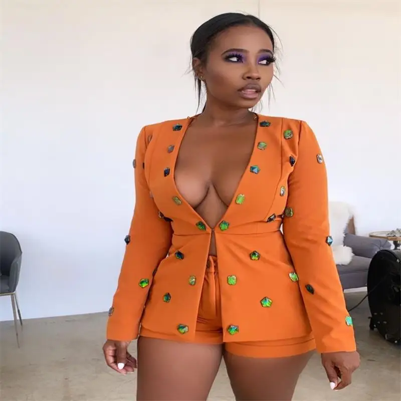 

Office Lady Solid Color Rhinestone Single-button Jacket Fashion Streetwear Women Deep V Neck Long Sleeve Short Coat DF0705G