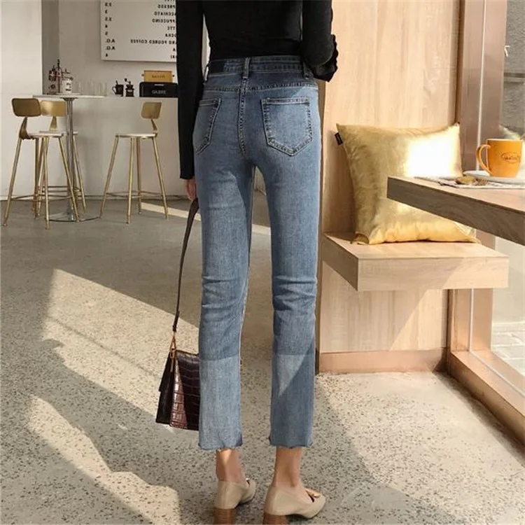 Лето, Ulzzang Wind, обтягивающие, вареные брюки, градиентные, цветные, ковбойские, длиной до щиколотки, штаны с высокой талией, тянущиеся, рваные, с краями, Penc