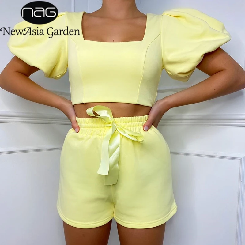 NewAsia Womens Loungewear Set Square Collar Short Puff Sleeve Crop Top Shorts Two Piece Set Summer Solid Color Casual Outfits NewAsia Womens Loungewear Set Square Collar Short Puff Sleeve Crop Top Shorts Two Piece Set Summer Solid Color Casual Outfits