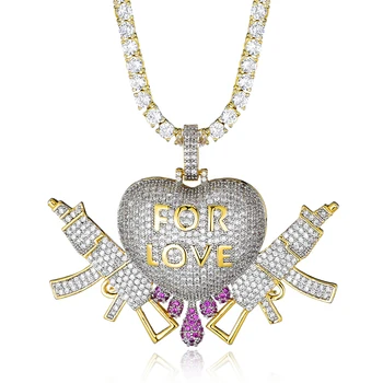 

3D Heart Drip With Gun Love Pendant With Tennis Chain Gold Silver Color Cubic Zircon Men's Hip hop Necklace Jewelry For Gift