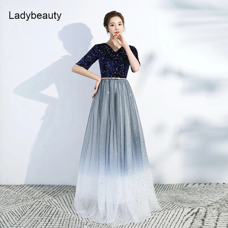 Женское велюровое вечернее платье Ladybeauty длинное блестящее пыльно синее с V