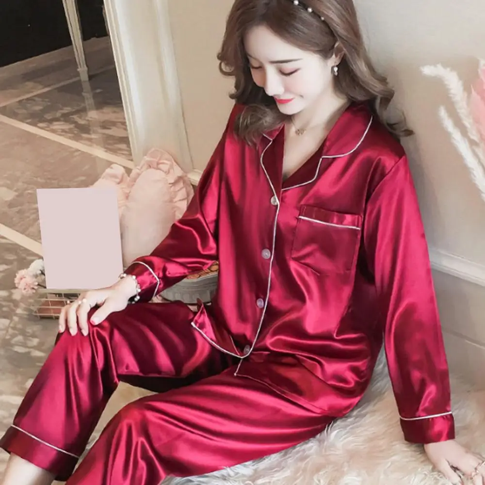 Wine Red Рождественский подарок, пижамные комплекты, модные женские Однотонные блузки с длинными рукавами и отворотами, комплект со штанами, одежда для сна, повседневная домашняя одежда - Цвет: Wine Red