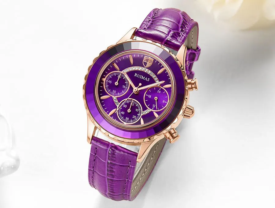 RUIMAS Разноцветные часы для женщин Роскошные фиолетовые кожаные кварцевые часы Дамская мода хронограф наручные часы Relogio Feminino часы 592