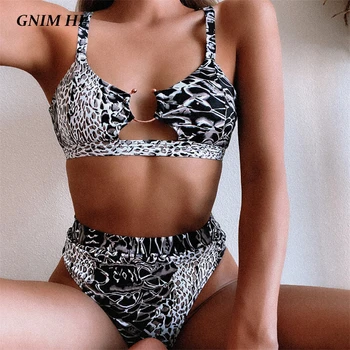 

GNIM High Waist Swimwear Women Sexy Snake Print Bikini Mujer 2020 Summer Beachwear Brazilian Swimsuit Female Two Pieces Biquini