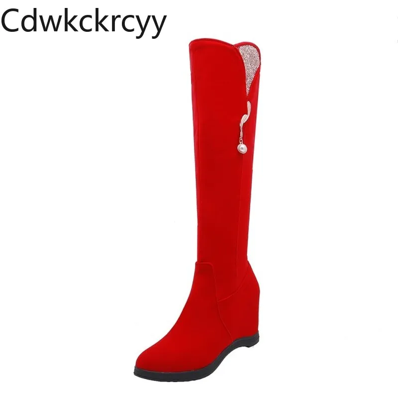 winter The New fashion Round head Increase within Women's boots red Increase within Plus velvet Keep warm High heel Women boots