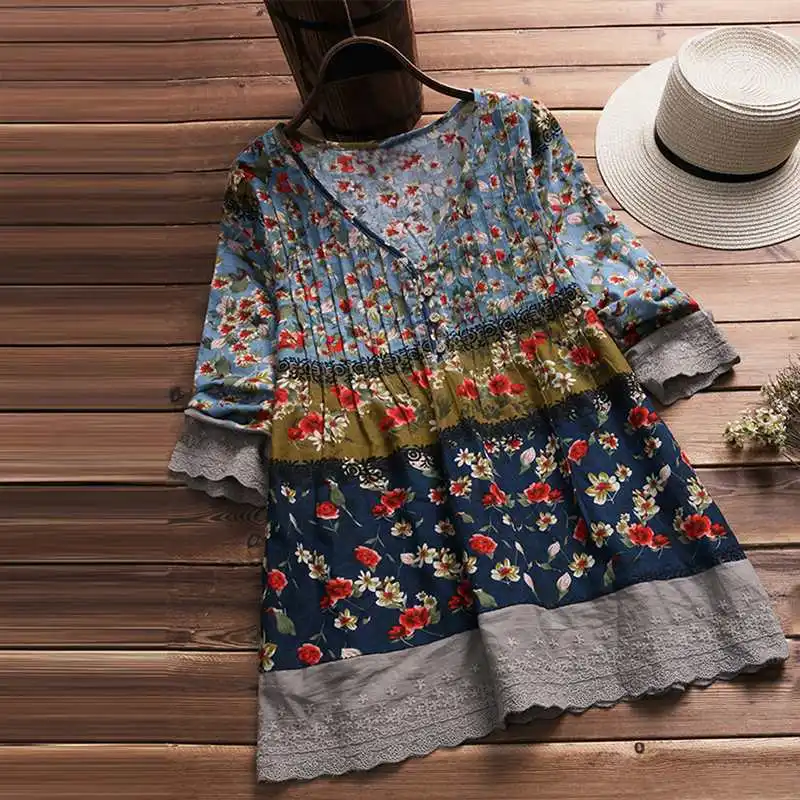Синий Женская блузка с принтом,, ZANZEA, богемные кружевные топы, из кусков, Blusas, Женская плиссированная туника с v-образным вырезом, размера плюс, рубашка с расклешенными рукавами - Цвет: Синий