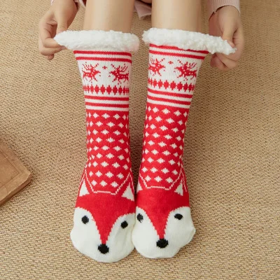 Женские мягкие шерстяные толстые трикотажные теплые приятные тапочки с шерпой носки рождественские носки - Цвет: Red Fox
