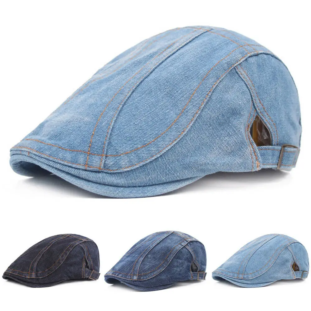 

Men Striped Blue Denim Golf Driving Cap Adjustable Newsboy Beret Casual Hat
