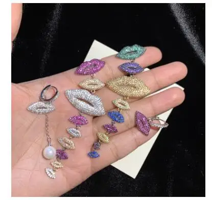 

Fashion personality creative long tassel lips earrings asymmetric color rhinestone pearl ear accessories