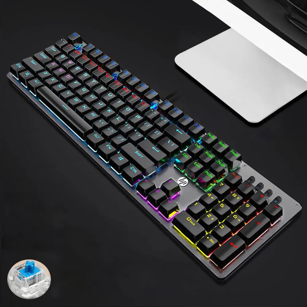 Hp GK100 Механическая игровая клавиатура с подсветкой, синий, красный переключатель, 104 клавиш, металлический цветной светодиодный компьютер с подсветкой, Проводная клавиатура для геймера