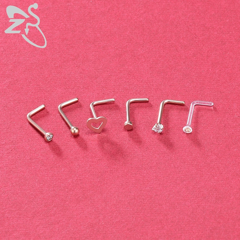 ZS 6-34pcs/Lot Heart Round Nose Piercing Ring Set Stainless Steel Crystal Nose Stud Pack L Shape Nose Nails Piercing Jewelry 20g