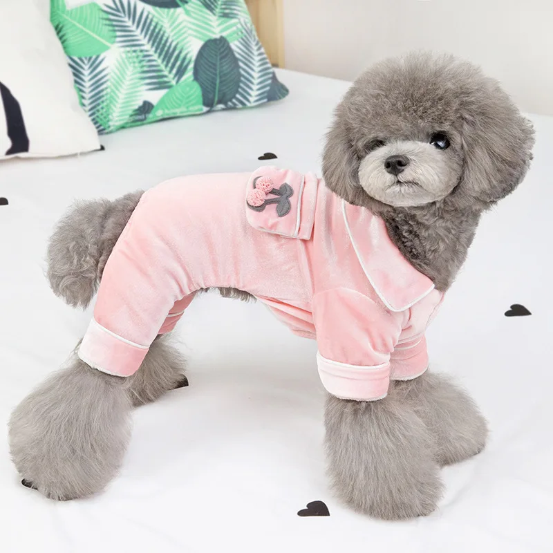 Cute Cherry Dog Pajamas Jumpsuit Winter Warm Fleece Small Dog Cat Coat Jacket Chihuahua Shirt Hoodie Clothes For Pitbull