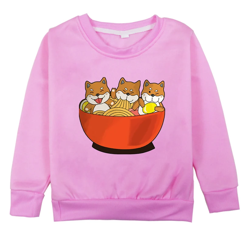 Милый свитшот для маленьких девочек с принтом «shba Inu Eat noodles»; Kawaii; Одежда для мальчиков; футболки; зимние корейские Детские свитшоты; теплые пальто