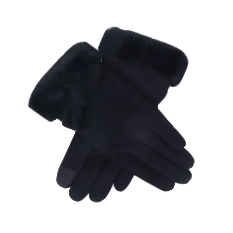 Осенне-зимние женские перчатки с бархатным бантом, с сенсорным экраном, милые теплые замшевые рукавицы, женские перчатки с защитой от холода