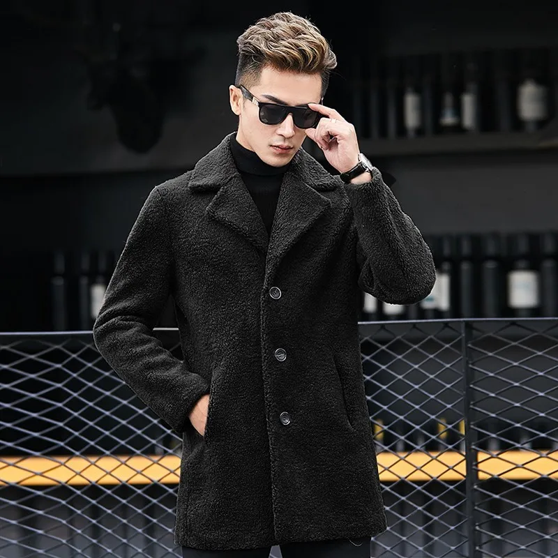 black Настоящая овечья шубка Мужская Зимняя Толстая большая 4XL настоящая овечья шубка модная мужская одежда - Цвет: black