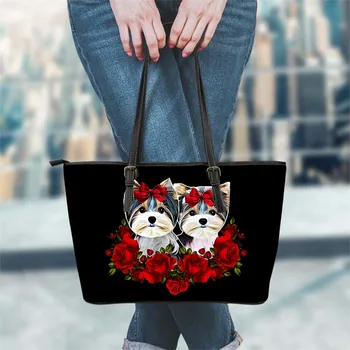 

FORUDESIGNS Fashion Women Luxury Design Leather Tote Bag Cute Yorkshire Terrier With Rose Flower Print Female Brand Shoulder Sac