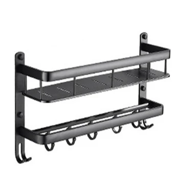 

Bathroom Black Shelf Aluminum Shower Caddy Corner Shelf Towel Rack With Bar Hook Hair Dryer Holder