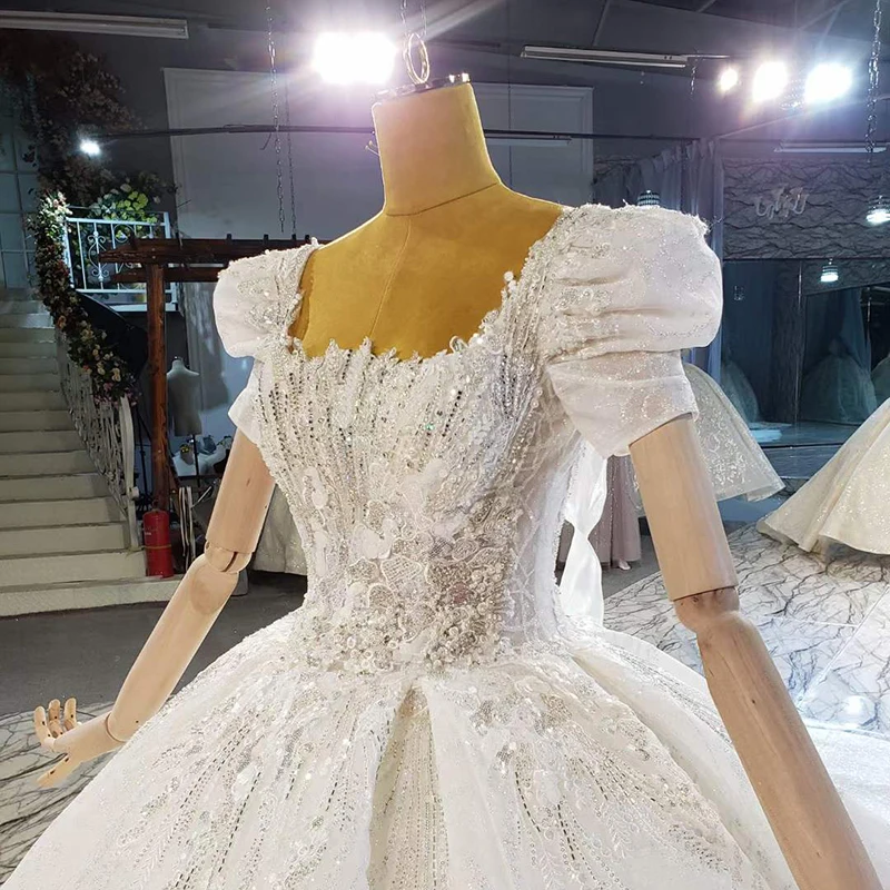 HTL2060 Elegant Extravagant Sequin Crystal Pearls Wedding Dress 2021 Square Collar Neck Short Sleeve Lace Up Back 5