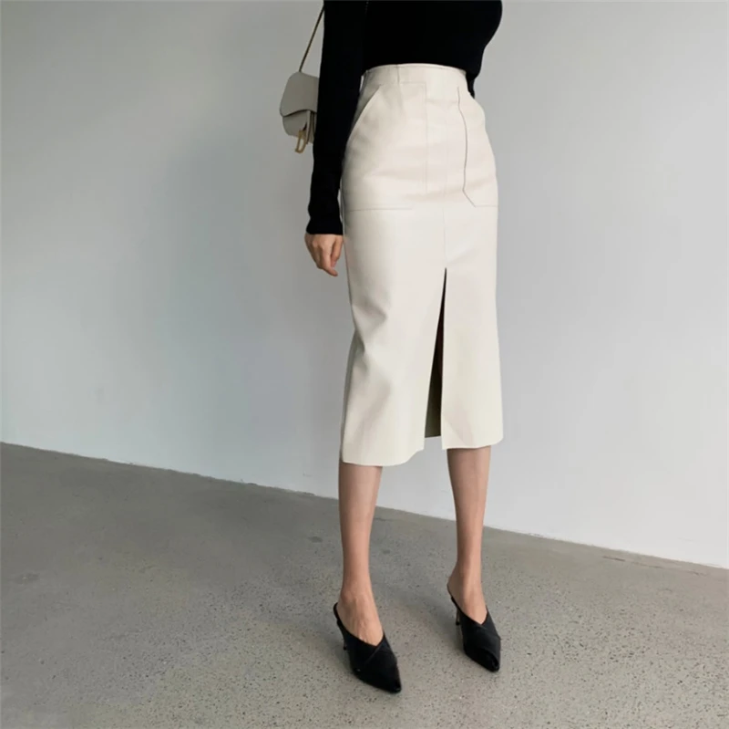 New 2020 Spring Women PU Leather Skirts High Waist Pockets Package Hip Skirt Female Front Split Zipper Midi Pencil Skirts