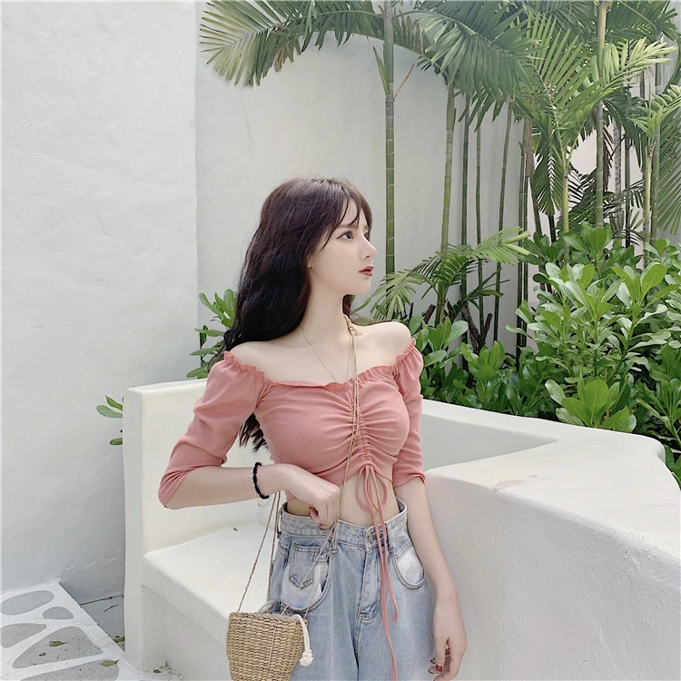 AreMoMuWha сексуальная без бретелек Drawstring Draw тонкая короткая куртка женская летняя НОВАЯ тонкая майка с длинными рукавами и пупка MH447