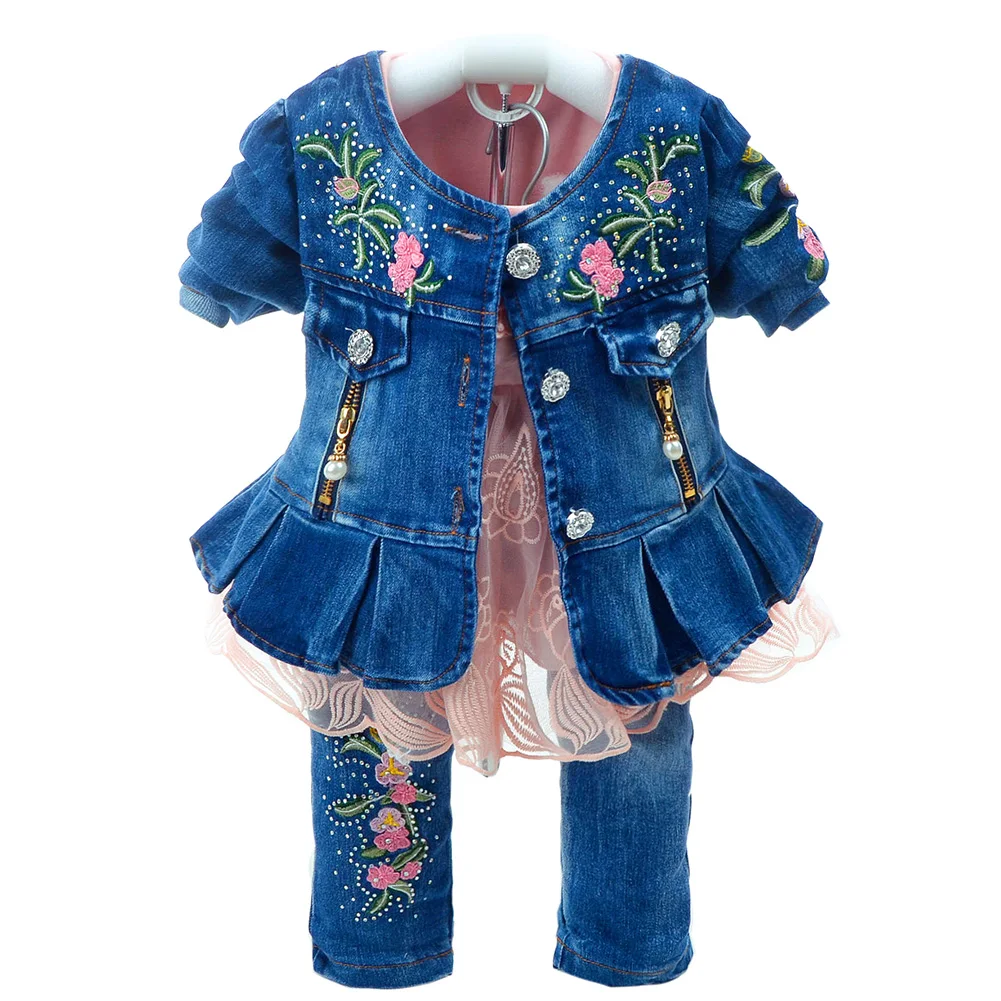 F522-Pink От 1 до 3 лет, весенне-осенняя одежда для маленьких девочек комплекты джинсовой одежды для маленьких девочек комплект из 3 предметов, футболка, платье Топы, джинсовая куртка и джинсы Bebe - Цвет: F522-Pink