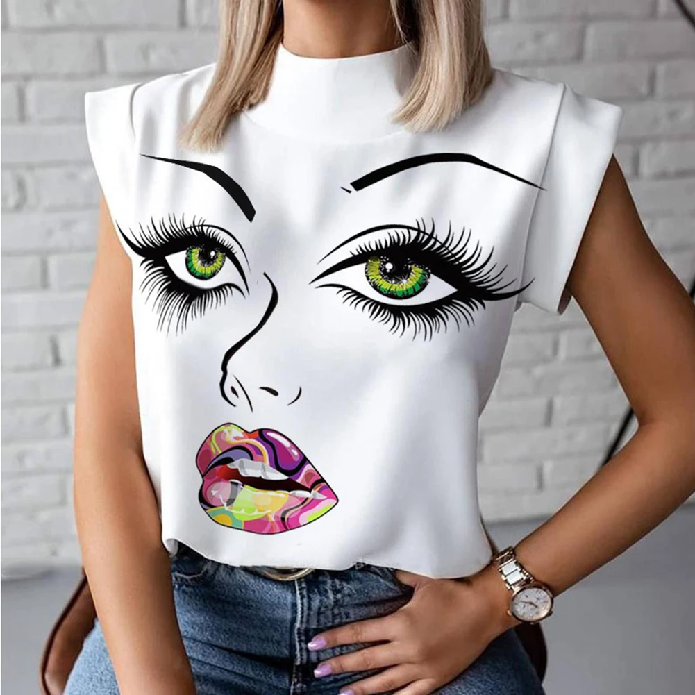

Women Elegant Chain Print blouse shirts New Summer Casual Stand Neck Pullovers tops Lady 2XL Fashion cute Eye Short Sleeve Blusa