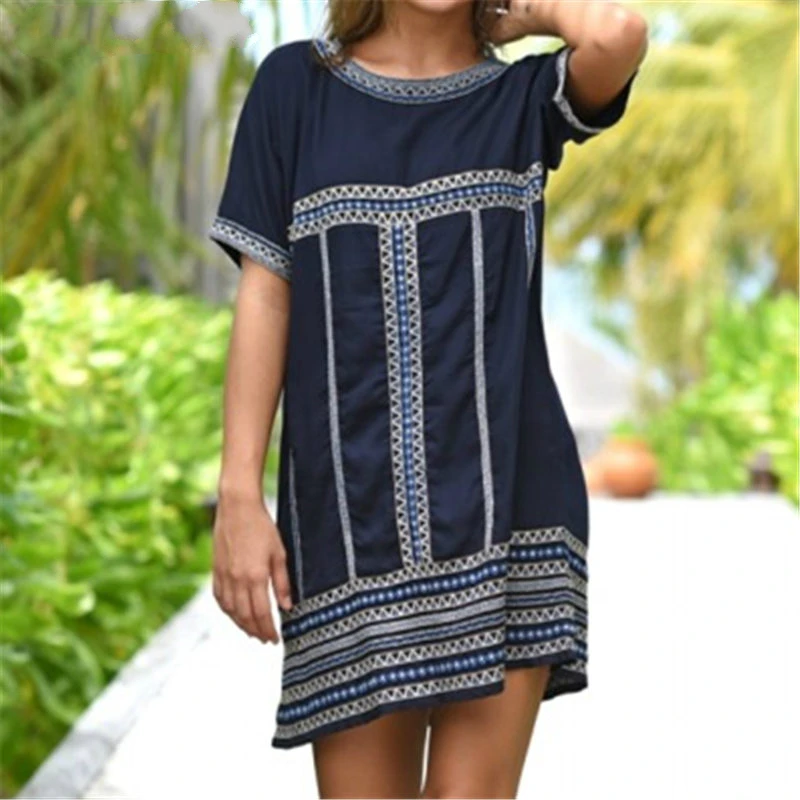 2021 темно синее летнее пляжное платье с вышивкой хлопковая туника Женская