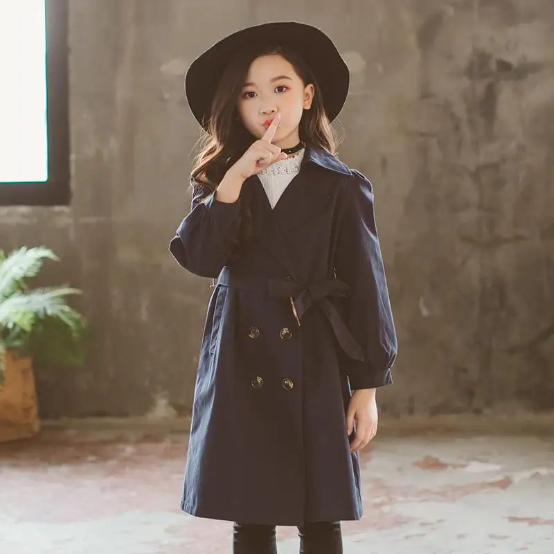 Navy blue Детский плащ для девочек, От 2 до 10 лет пальто для мамы и дочки, двубортное пальто для мамы и дочки, Весенняя детская одежда - Цвет: Navy blue