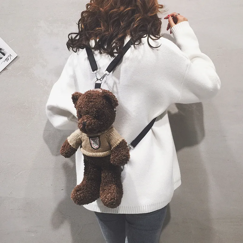 New Cute Brown Teddy Bear Plush Backpack Movie Cartoon Bear in Clothes Toys Dolls Key Phone Coin Bags Schoolbag Gift for Kids Girls  (2)