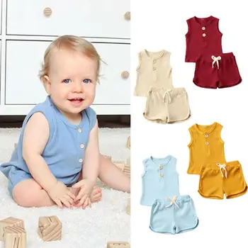 

0-4Y Baby Summer Clothing Toddler 2020 Kids Baby Girls Boys Clothes Sleeveless Top T-shirt Shorts Ribbed Solid Outfit Set