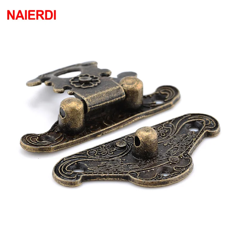 NAIERDI 4pcs 골동품 청동 Hasp 래치 쥬얼리 나무 상자 잠금 미니 캐비닛 버클 케이스 잠금 장식 핸들 3 크기