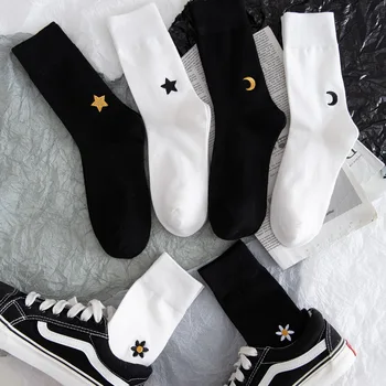 

Socks Female Autumn and Winter in the Thigh High Socks Stars Embroidered WOMEN'S Cotton Socks Embroidery Origional Black-and-Whi