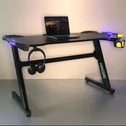 OF50ZZ – table d'ordinateur de jeu moderne noire, barre Led scintillante en forme de Z, pour chambre à coucher 