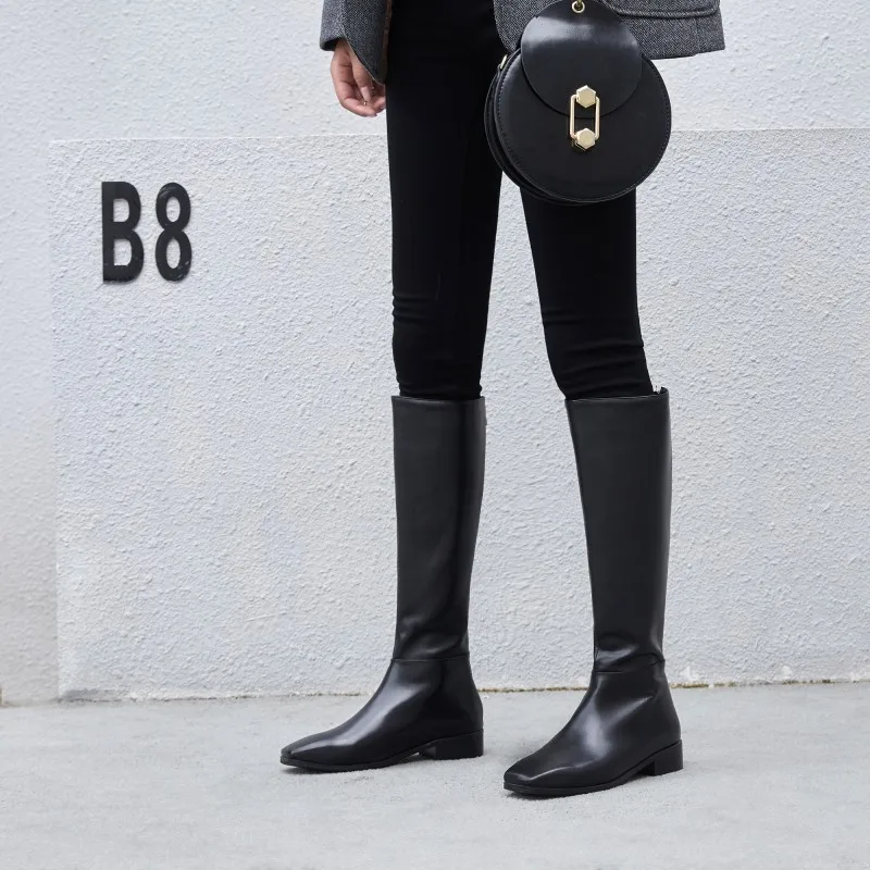 Bootie Women Winter Cow Leather Square Toe Back Zipper Boots Zapatos Fashion Heeled Calf Boots