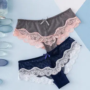 

2Pcs Women Sexy Lace Patchwork See Through Bow Low Waist Elastic Briefs Panties suitable for honeymoon wedding night sexy briefs