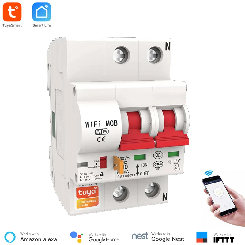 Автоматический выключатель Smart Life 2P с поддержкой Wi Fi и функцией защиты от
