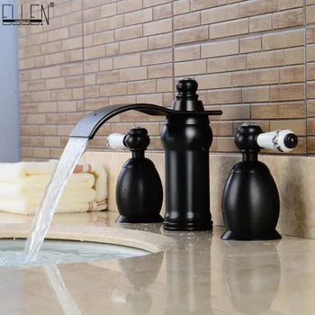 

Double Handle Waterfall Bathroom Faucet Oil Rubbed Bronze Black Hot Cold Water Mixer Tap Solid Brass ELF1408B