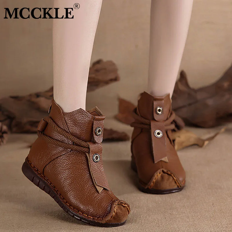 Comprar Botines planos de cuero genuino de MCCKLE para mujer, zapatos de invierno cálidos de felpa con cremallera plisados para mujer, botas cortas Retro de costura de moda para mujer
