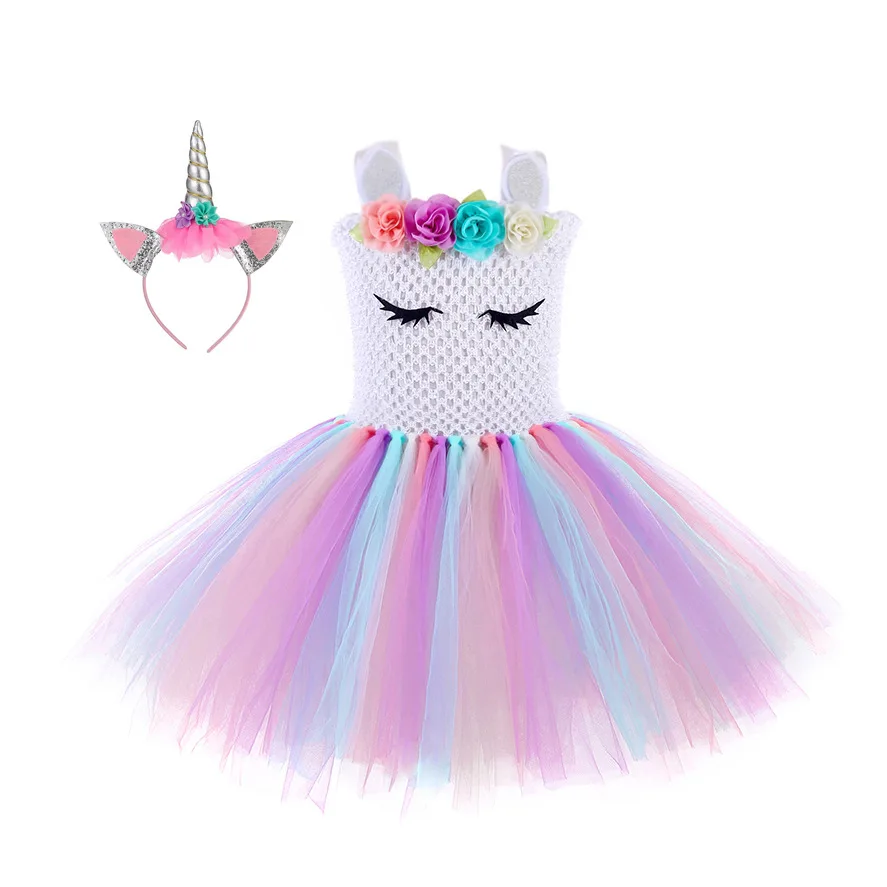 Girls Unicorn Dress Costume Rainbow Tutu Princess Cosplay Birthday Party Children Kids Halloween Carnival Clothes | Тематическая
